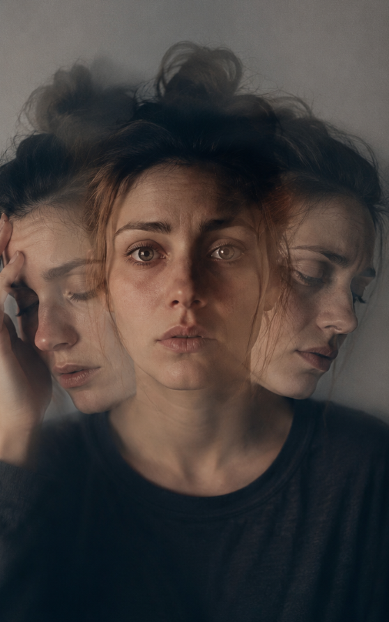 Vrouw met meerdere overlappende gezichten die onrust, vermoeidheid en slapeloosheid uitbeelden.