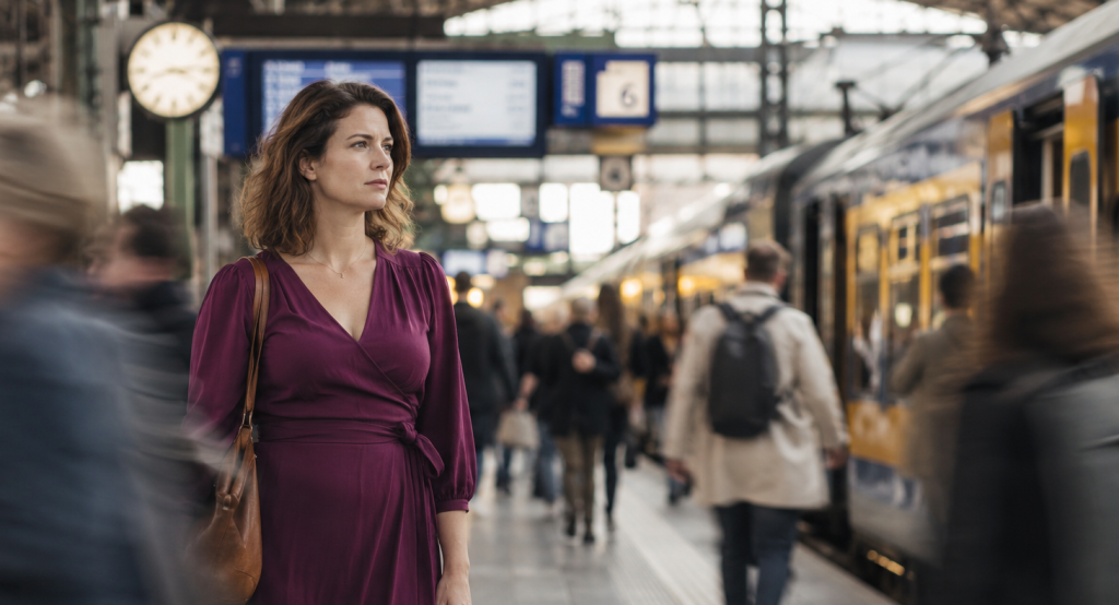 Vrouw op een treinstation terwijl andere reizigers om haar heen bewegen